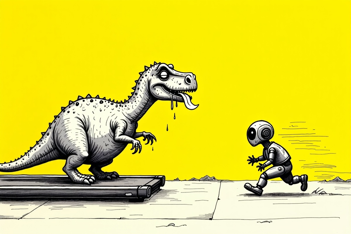 Koşu bandında koşan ama hiçbir yere varamayan, nefes nefese kalmış bir dinozor; yanından yapay zekâ robotu vınlayıp geçiyor.