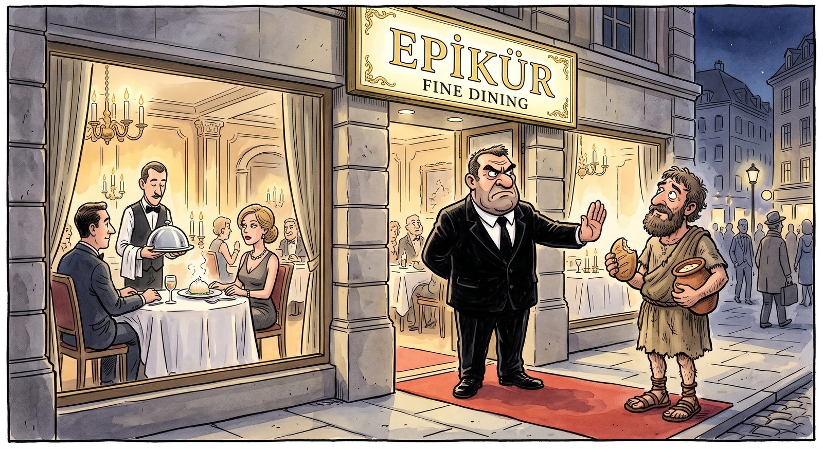 Night. The door of an elegant restaurant under a lit sign reading 'EPİKÜR — Fine Dining'. A large doorman in a black suit raises his palm and blocks the way. Facing him, in a rough woven tunic and sandals, holding a bitten piece of bread and a pot of cheese, Epicurus stares up at his own name in confusion. Through the window: candles, white tablecloths, a tiny portion under a silver cloche.