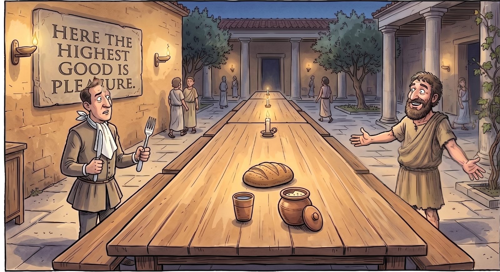 A very long banquet table in an ancient courtyard, holding only a loaf of bread, a cup of water and a pot of cheese. At one end a guest with a napkin at his collar and knife and fork in hand, stunned; at the other end Epicurus, arms spread wide, smiling and welcoming him in. On the wall, a stone plaque reading 'Here the highest good is pleasure.'