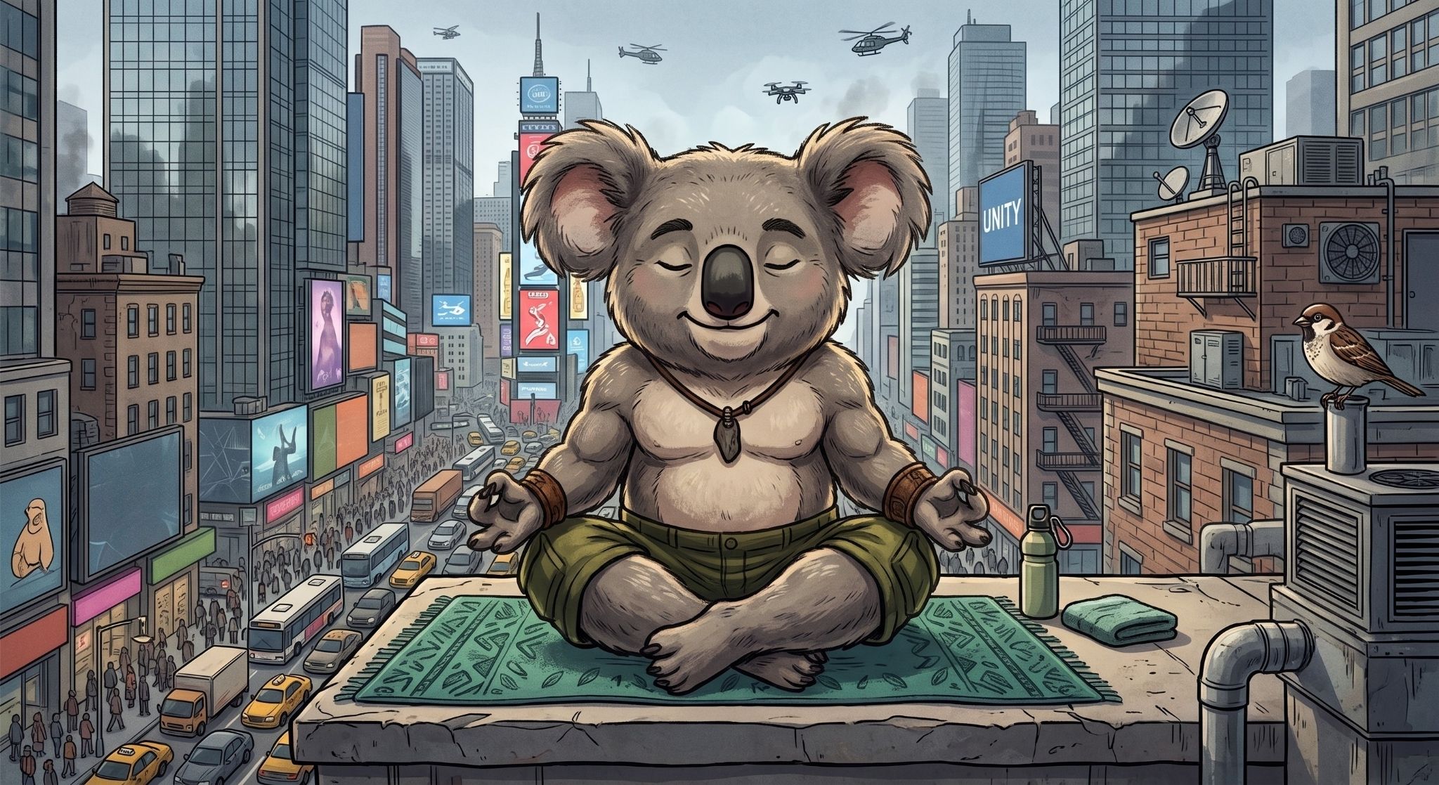 Gökdelenler, trafik ve kalabalığın tam ortasında, bir binanın çatısında huzurla meditasyon yapan bir koala.