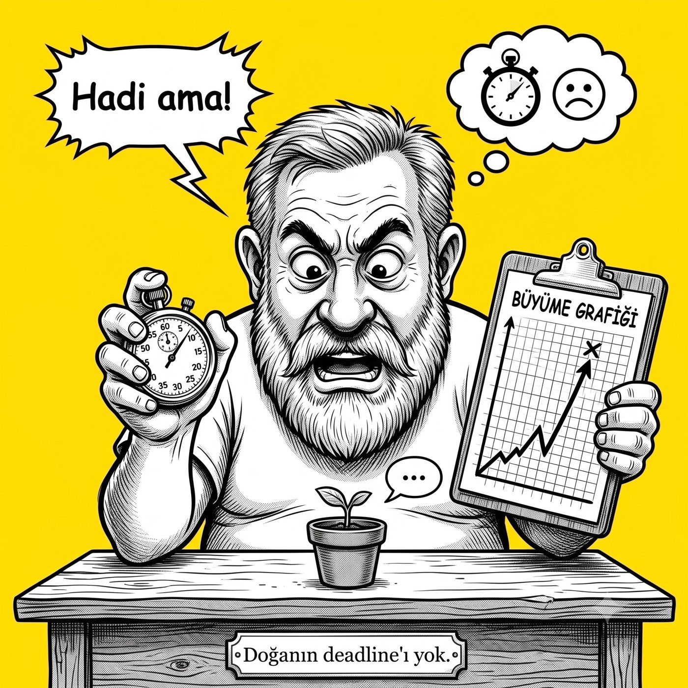 Sakallı bir adam, bir elinde kronometre bir elinde 'Büyüme Grafiği', minicik bir filize sinirle 'Hadi ama!' diyor. Altta: Doğanın deadline'ı yok.