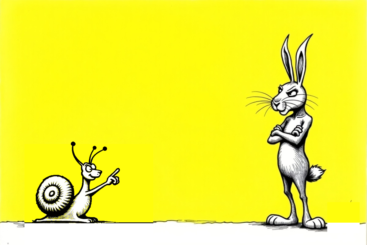 A small snail, pointing, challenges a big, annoyed rabbit standing with arms crossed.
