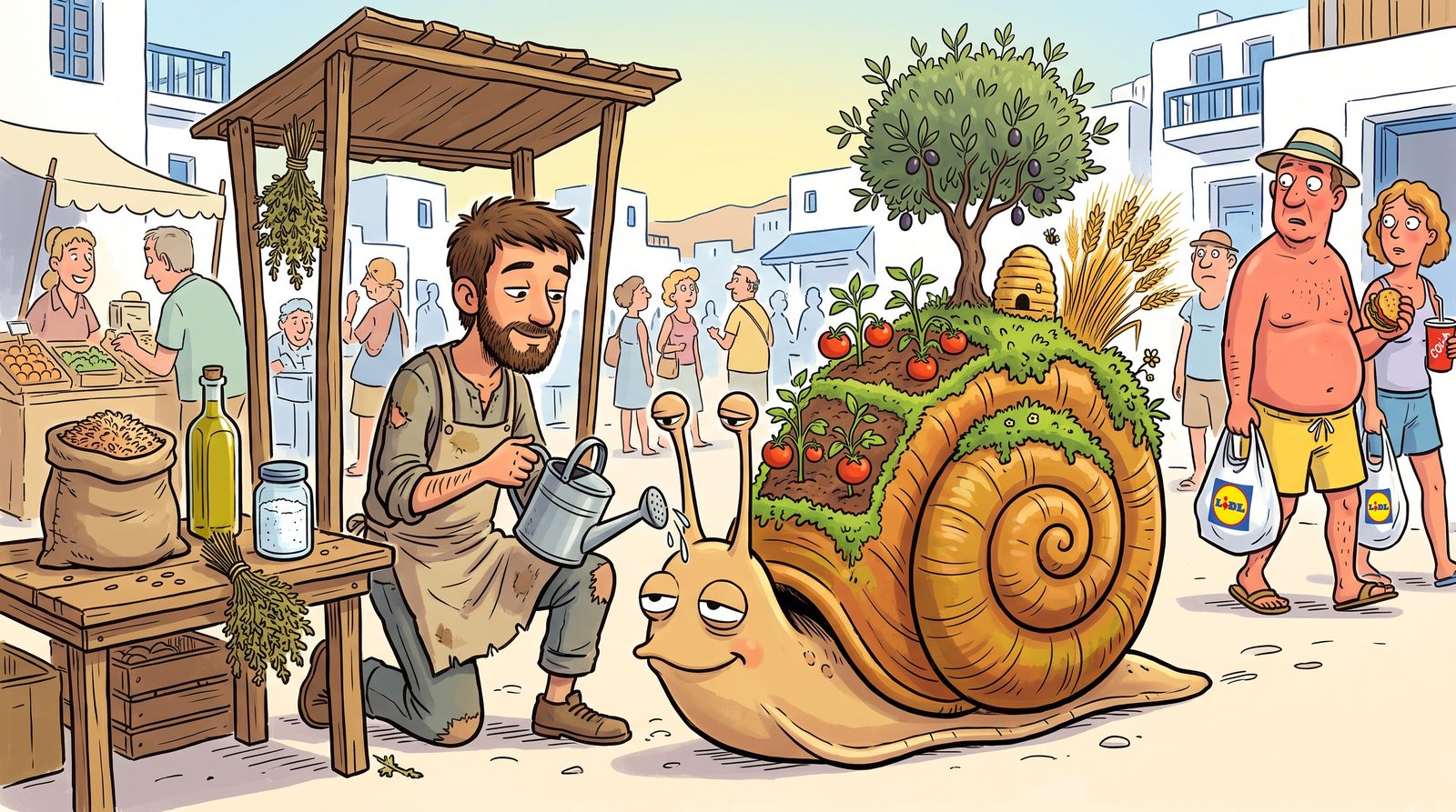 A sunny Aegean market. A young bearded vendor in an apron kneels in front of his tiny stall and waters a huge snail with a watering can. The snail's shell is a terraced garden: tomato seedlings, a small olive tree, a tuft of wheat, a tiny beehive. On the stall, a sack of brown rice, a bottle of olive oil, a jar of sea salt and bunches of thyme. In the background, holidaymakers with plastic bags, a burger and a cola stare in confusion.